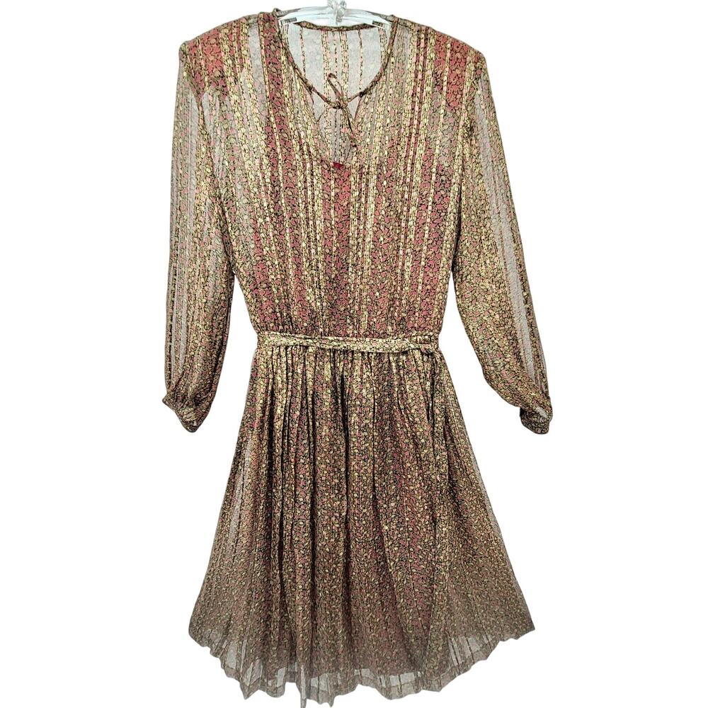 Piero Lannelli for Chin Vintage Silk Floral Metallic Stripe‎ Sheer A Line Dress
